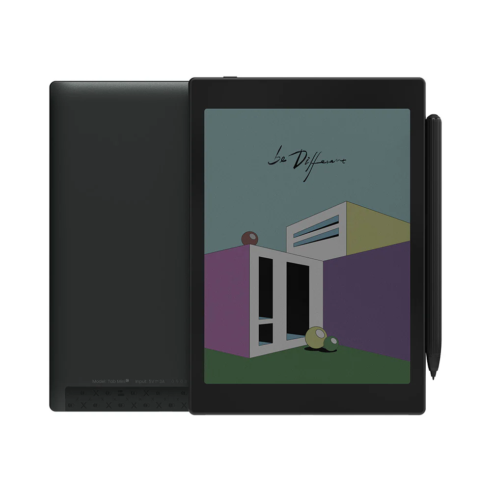 BOOX Tab Mini C e-ink tablet angled view showing slim profile