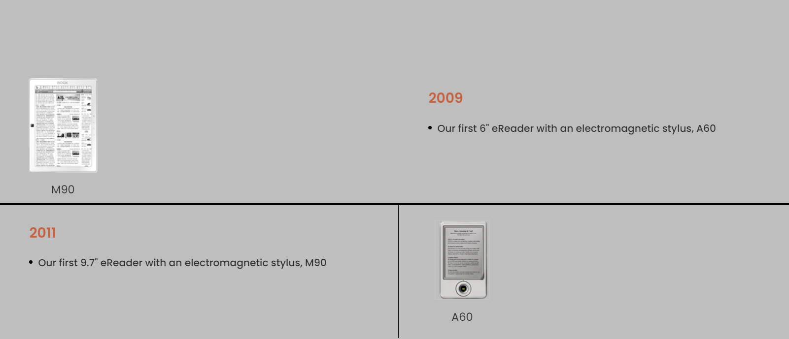 BOOX About page layout showing e-reader product lineup and minimalist design