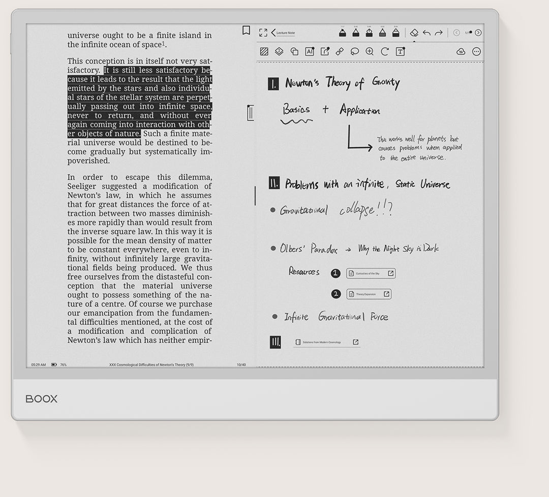 BOOX Note Max showing detailed document page with annotations on e-ink display