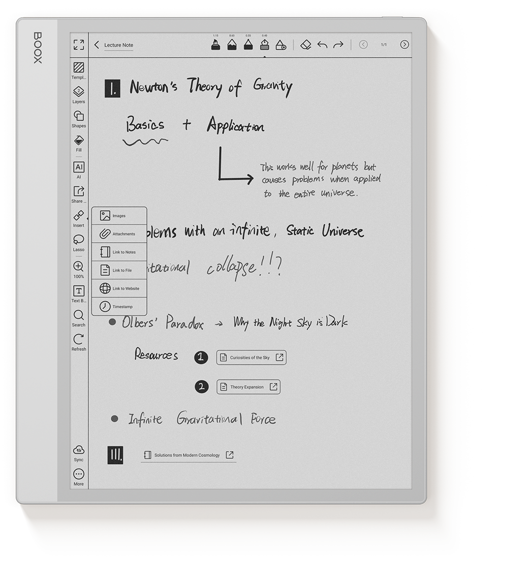 BOOX Note Max e-ink tablet displaying handwritten notes and annotations