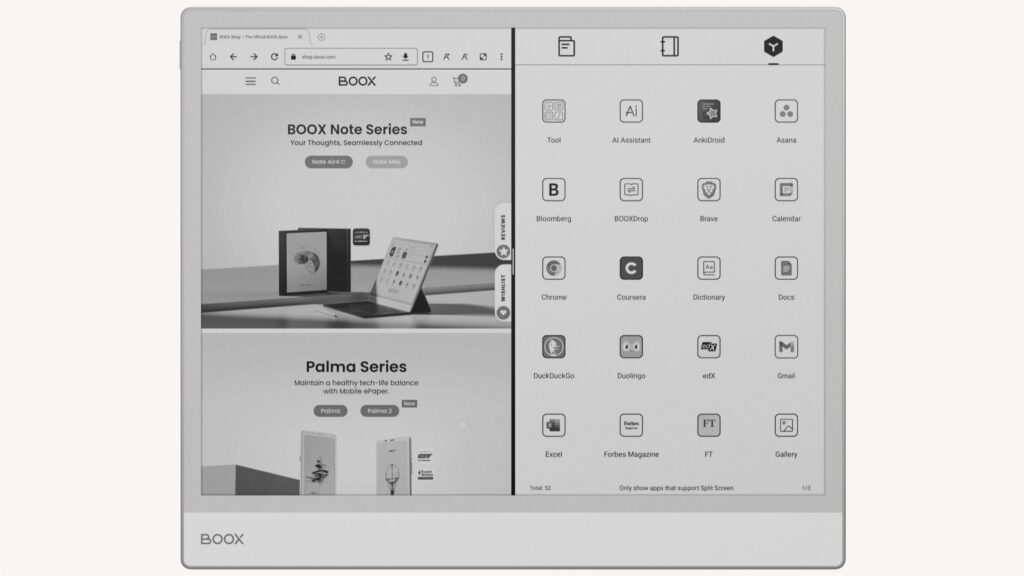 BOOX Note Max displaying app grid and productivity tools on e-ink tablet
