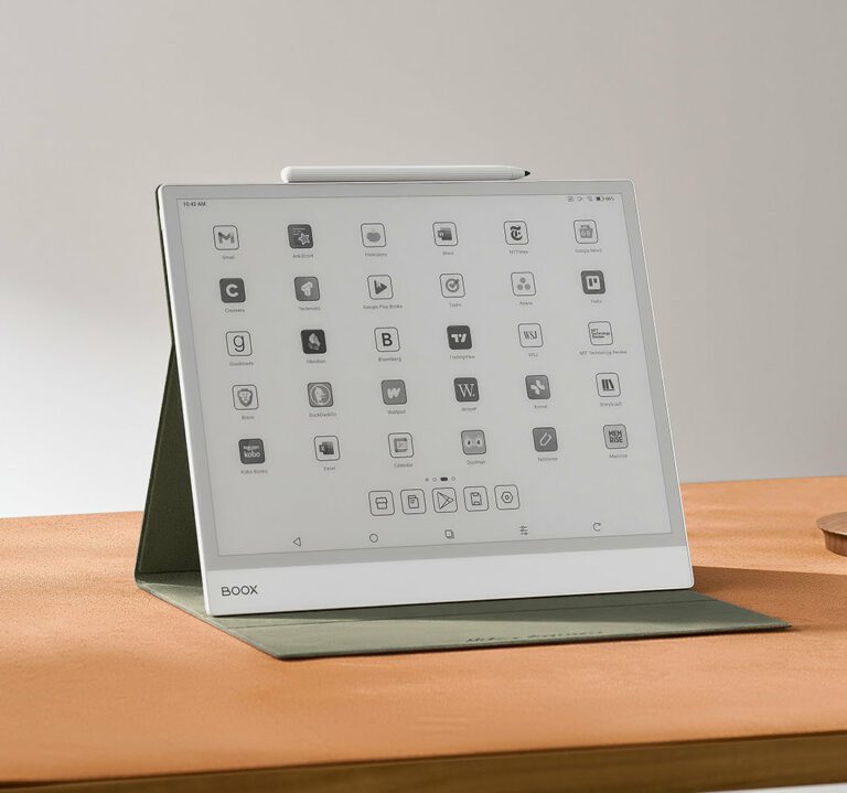 BOOX Note Max e-ink tablet on desk displaying notes and productivity layout